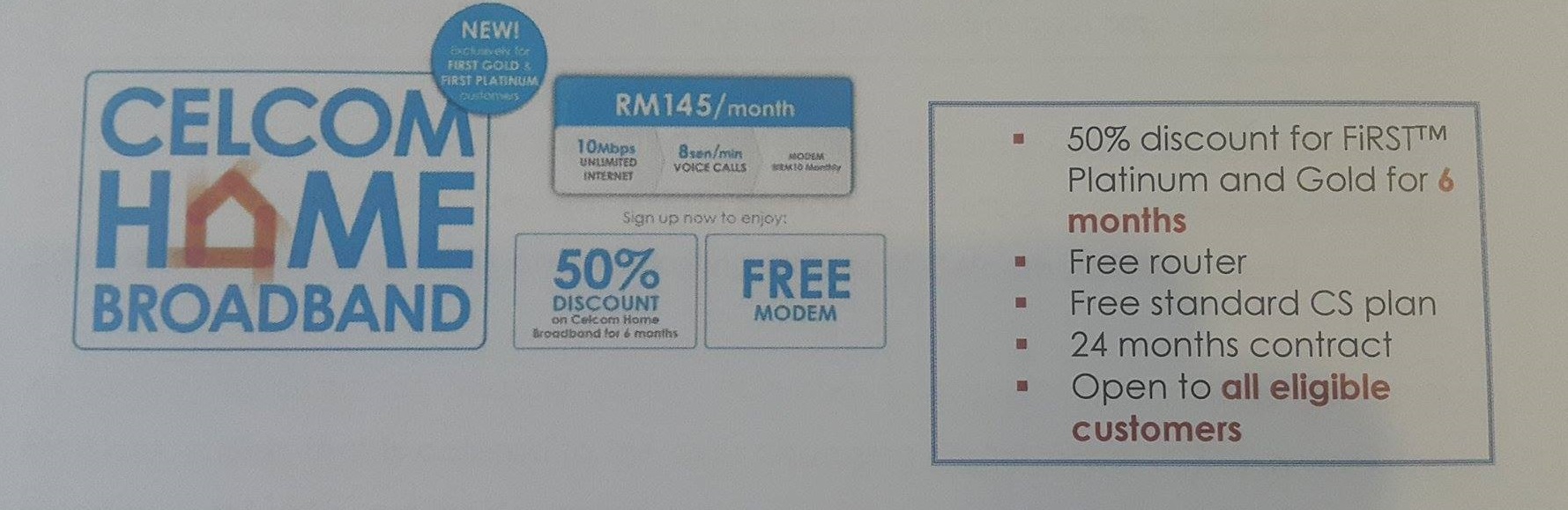 Celcom Home Broadband 寬頻配套正式推出：每月僅需 RM145 就能獲得 10Mbps 網速；First Platinum & First Gold 後付用戶首 6 個月獲 50% 月費折扣！ 1
