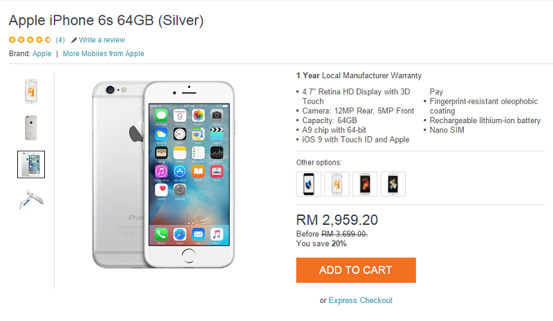 折扣高達​​ 20%：網購 64GB 版本 iPhone 6s 只需 RM2,959；直降 RM 740！ 1