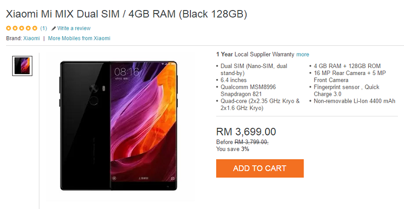 全面屏太犯規：小米 MIX 入口版正式在馬來西亞發售；售價媲美 iPhone 7！ 2