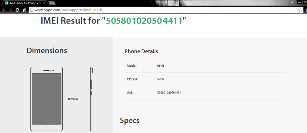 Figure 2 Specification details of OPPO devices will be provided if the IMEI code is valid