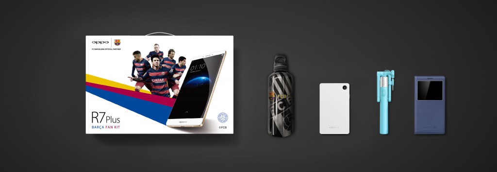 R7 Plus FC Barcelona Edition comes with the Fan Kits (which including a Aluminium Water Bottle, OPPO Flash
