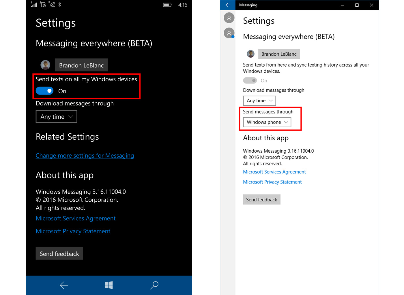 windows 10 mobile send sms from pc