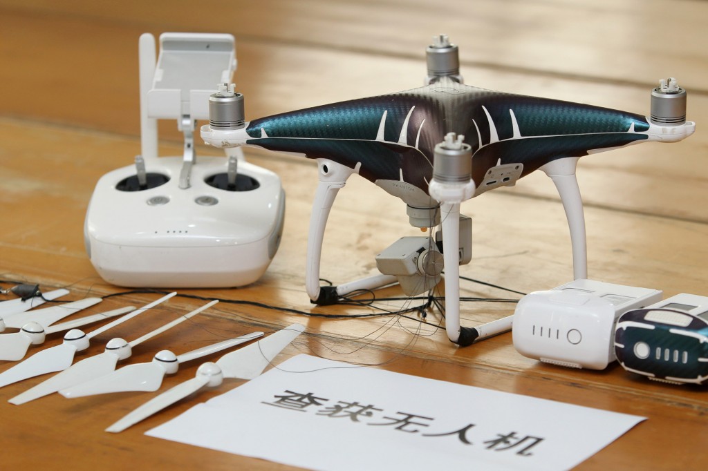 A drone that was confiscated after authorities arrested suspects who used drones to smuggle smartphones from Hong Kong to Shenzhen, is pictured in Shenzhen
