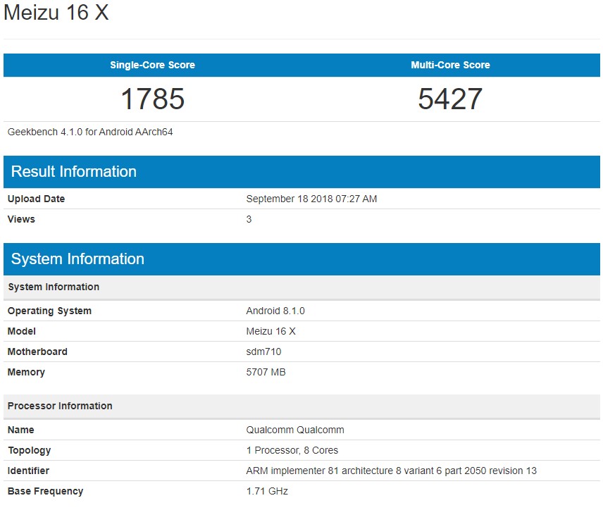 Meizu 16X Geekbench 4 database listing September 18