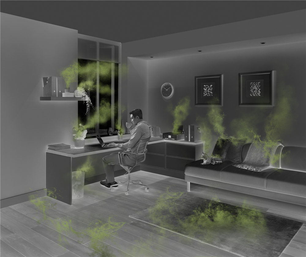 Man in Living Room Visible Pollutants