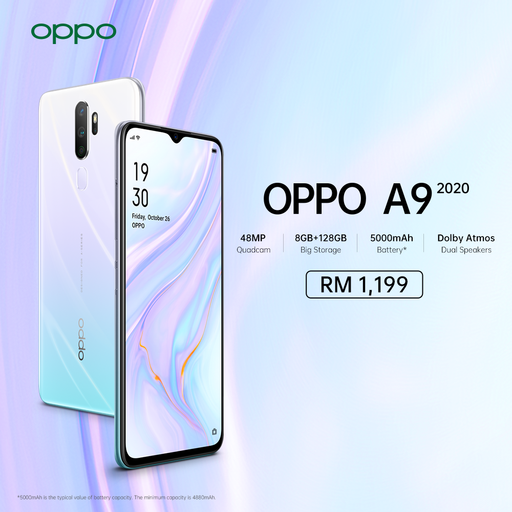 OPPO New Iridescent Colour A9 2020 Vanilla Mint is priced at RM1199 only