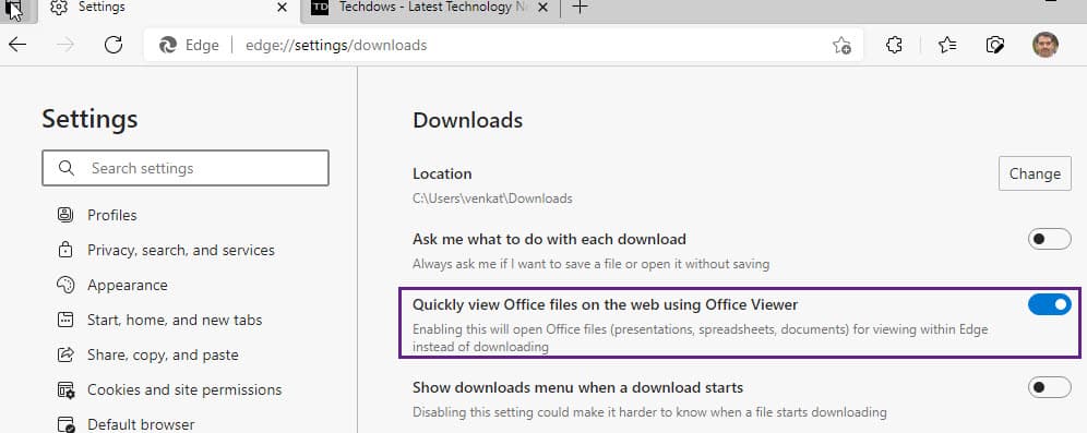Enable Office Viewer setting in Edge browser