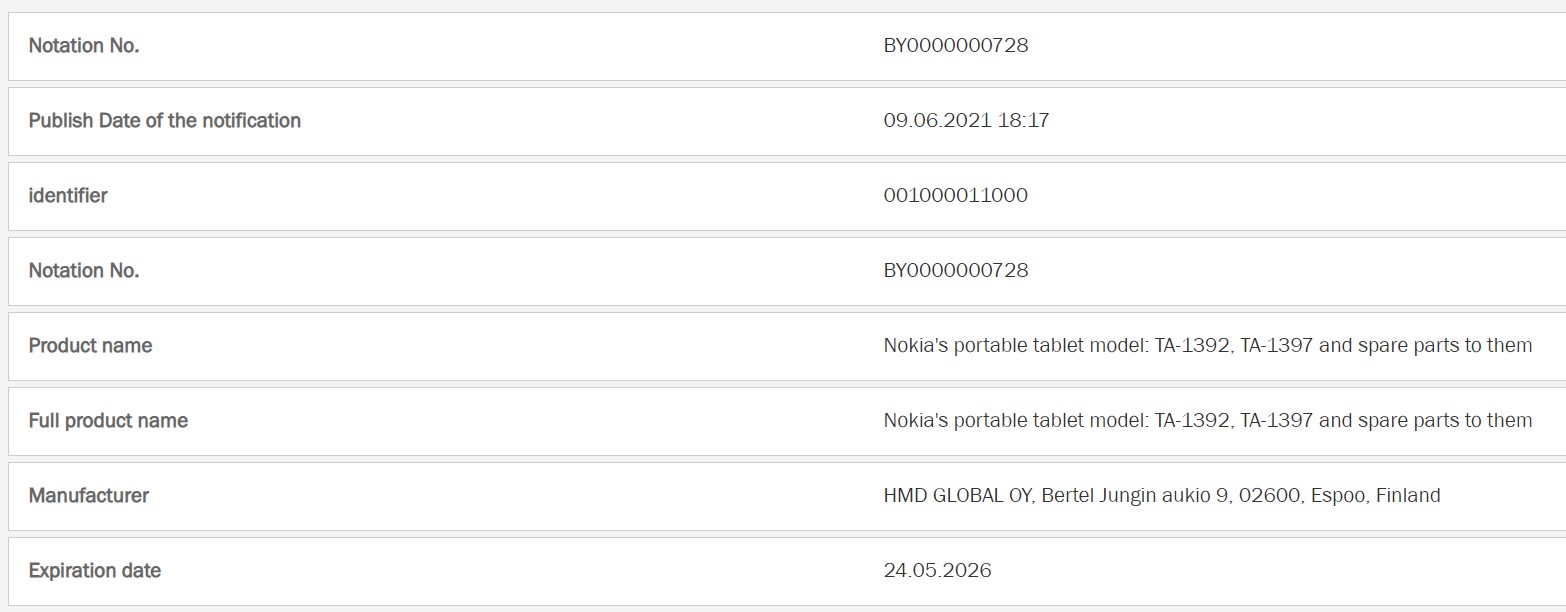 Nokia Mobile TA 1392 TA 1397 tablet