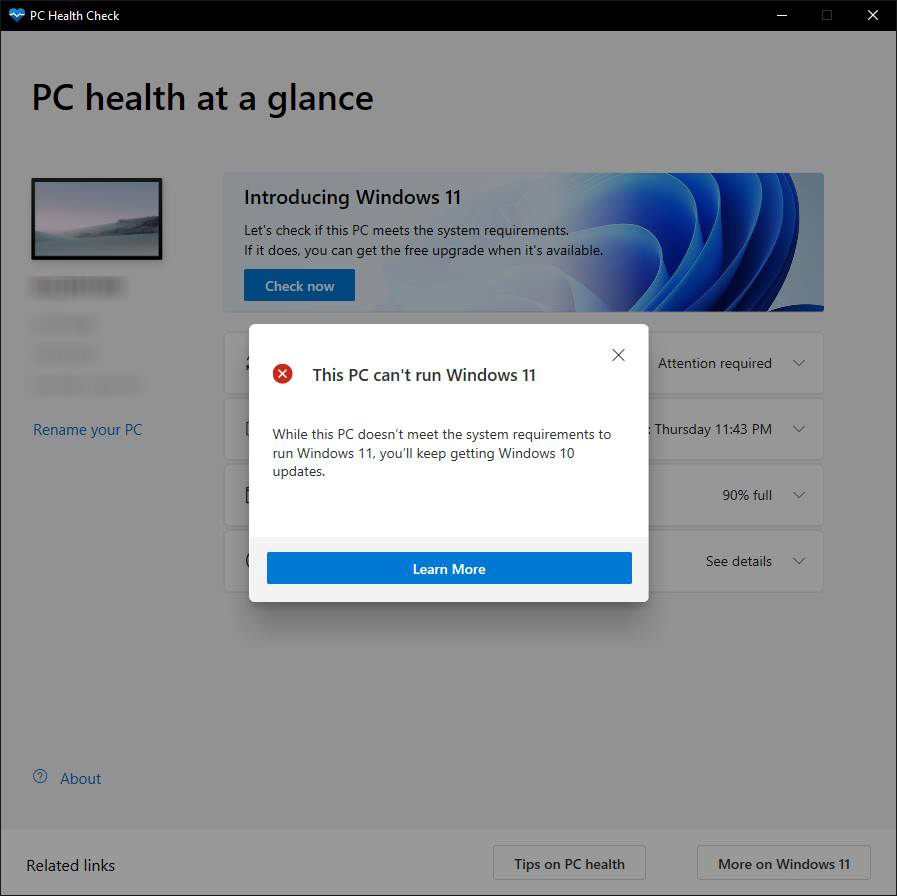 windows 11 pc health check app failed