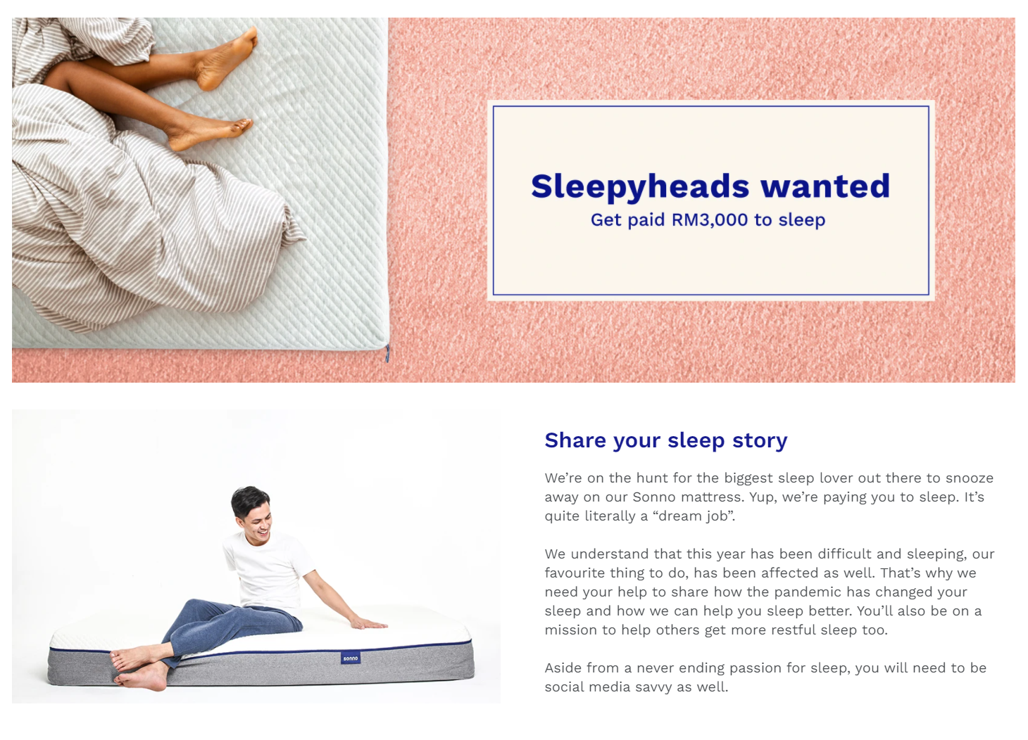 躺着赚钱！大马Sonno床褥公司招聘“试睡员”：分享你这100天的睡眠情况，结束后就能获得RM3000奖励！