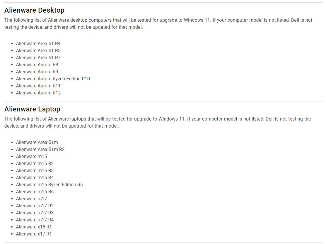 alienware windows 11 list