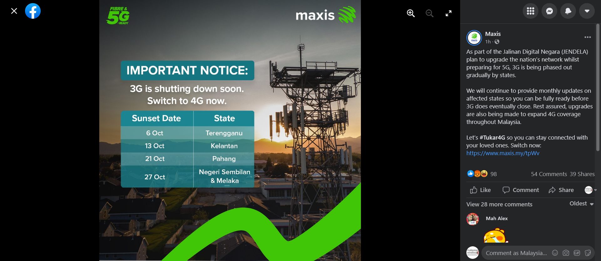 Maxis Facebook posting 3G sunset shutdown Terengganu October 6 2021