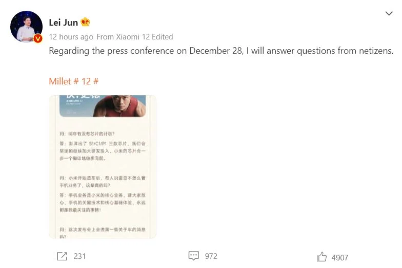 Lei Jun QnA Weibo Xiaomi 12 1