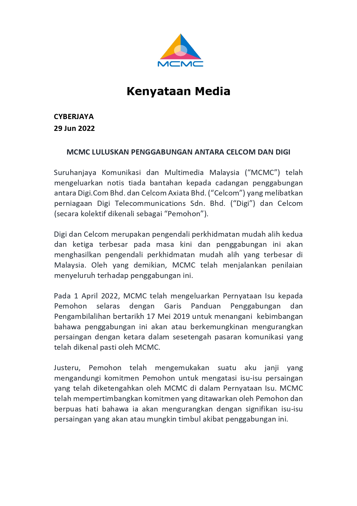 MCMC批准Celcom和Digi合并,成大马最大的电讯商! 2 KENYATAAN MEDIA MCMC PENGGABUNGAN CELCOM DIGI DILULUSKAN 20220629 FINAL page 0001