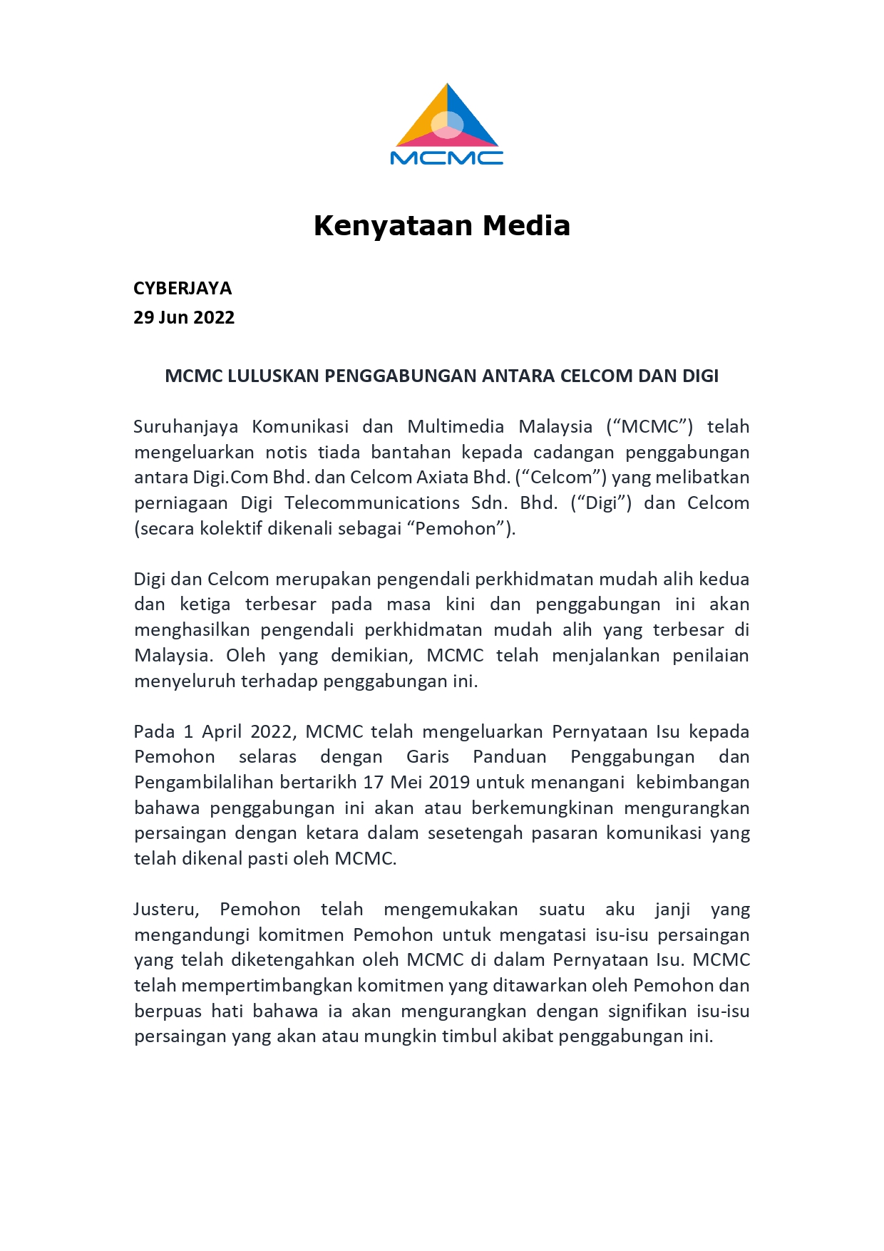 KENYATAAN MEDIA MCMC PENGGABUNGAN CELCOM DIGI DILULUSKAN 20220629 FINAL page 0001