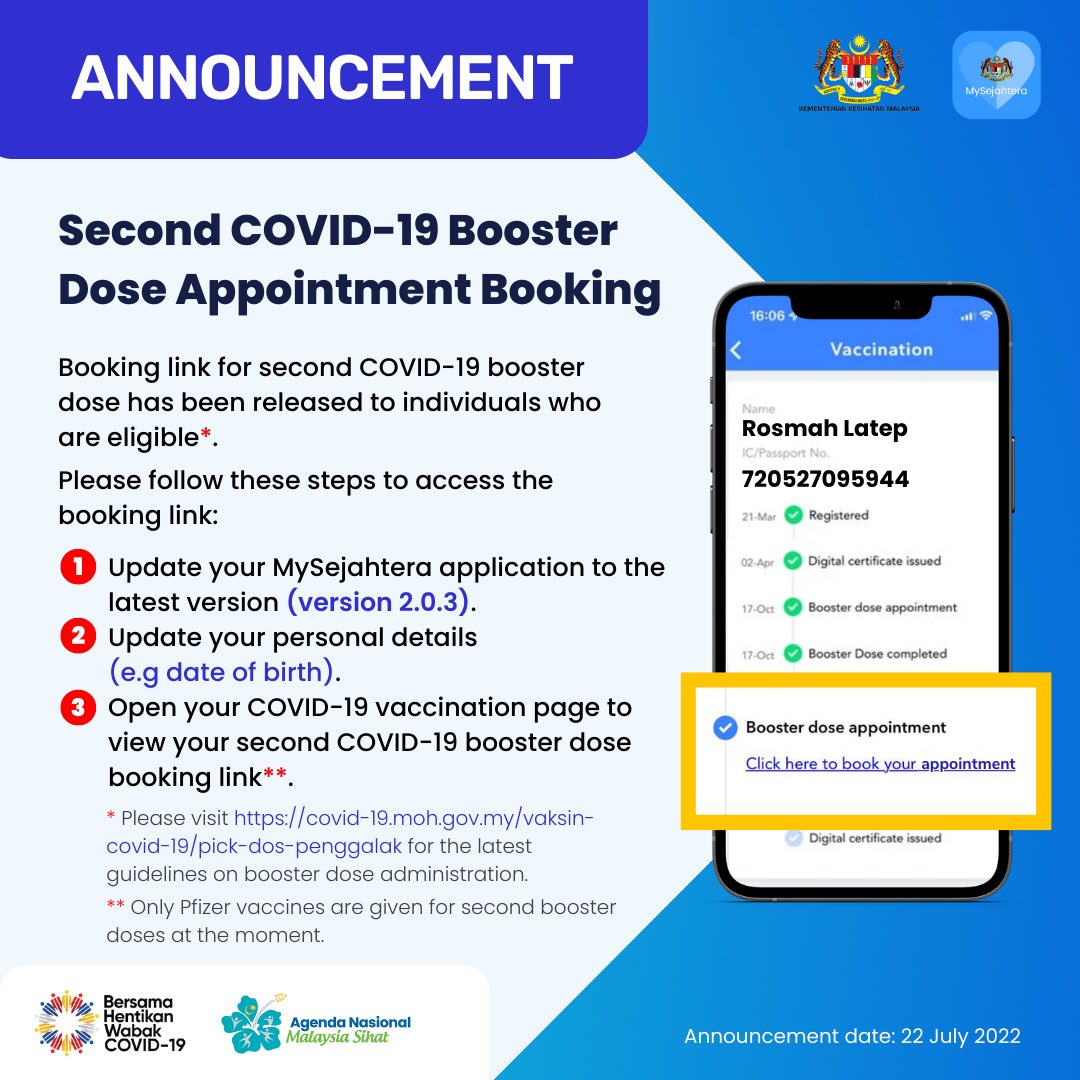 第二剂加强针开放预约!符合条件的民众可以透过MySejahtera申请! 2 second covid 19 booster dose appointment booking