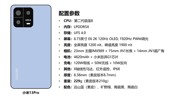 小米13系列完整配置曝光:骁龙8 Gen2处理器、120W有线+50W无线快充、IMX989主摄传感器等 4 小米13 Pro