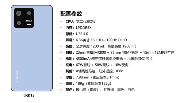 小米13系列完整配置曝光:骁龙8 Gen2处理器、120W有线+50W无线快充、IMX989主摄传感器等 3 小米13
