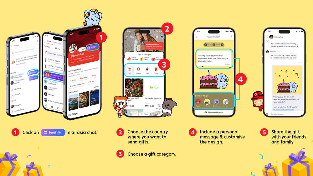 airasia Super App推出Community社区功能:能在App内与朋友聊天、玩游戏、还能把机票/Starbucks卡作为礼物送给朋友! 6 GiftsSteps 1