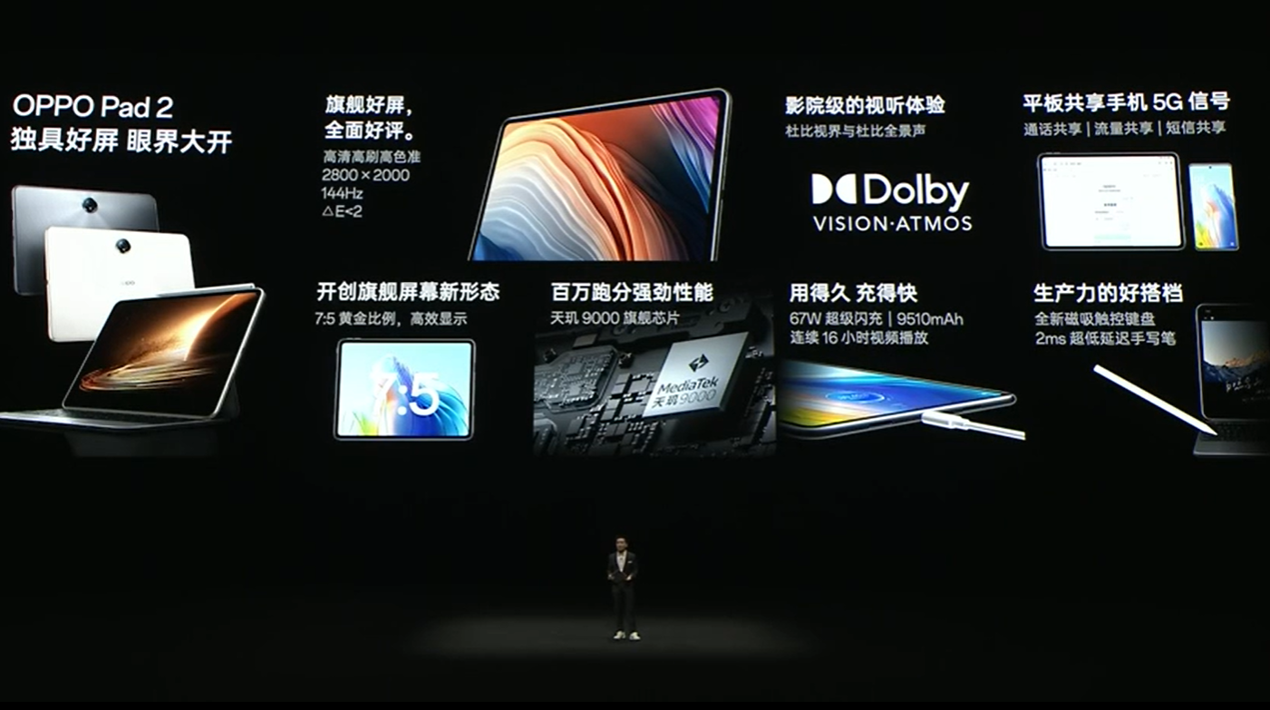 OPPO Pad 2中国发布：首创7:5比例、天玑9000处理器、67W闪充，支持触控 