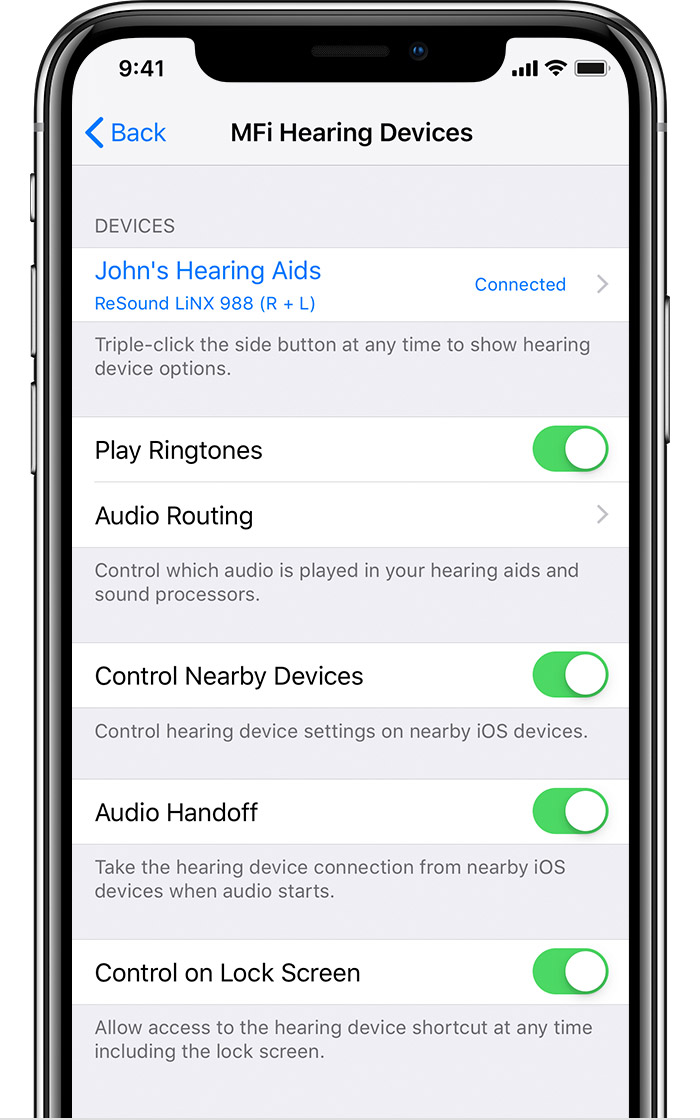 ios12 iphone x settings general accessibility mfi hearing device connected