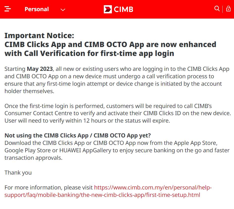 screencapture cimb my en personal important notices 2023 cimb clicks app and cimb octo app are now enhanced with call verification for first time app login html 2023 06 06 22 00 45 副本