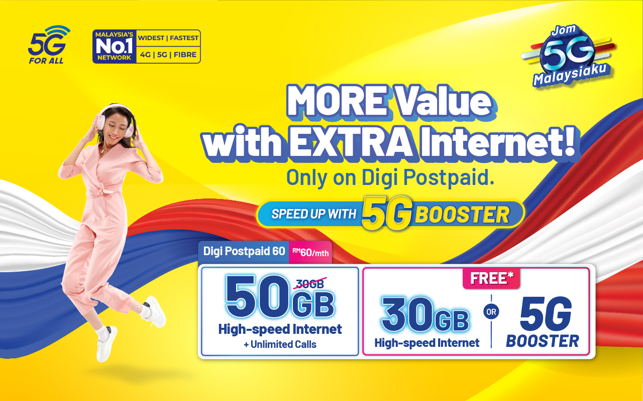 Digi Postpaid 60升级!30GB变50GB上网数据、免费5G Booster等! 2 64c75c8b1eb21600c792c0e2 Digi Jom 5G Malaysiaku Digi Postpaid 60 Main