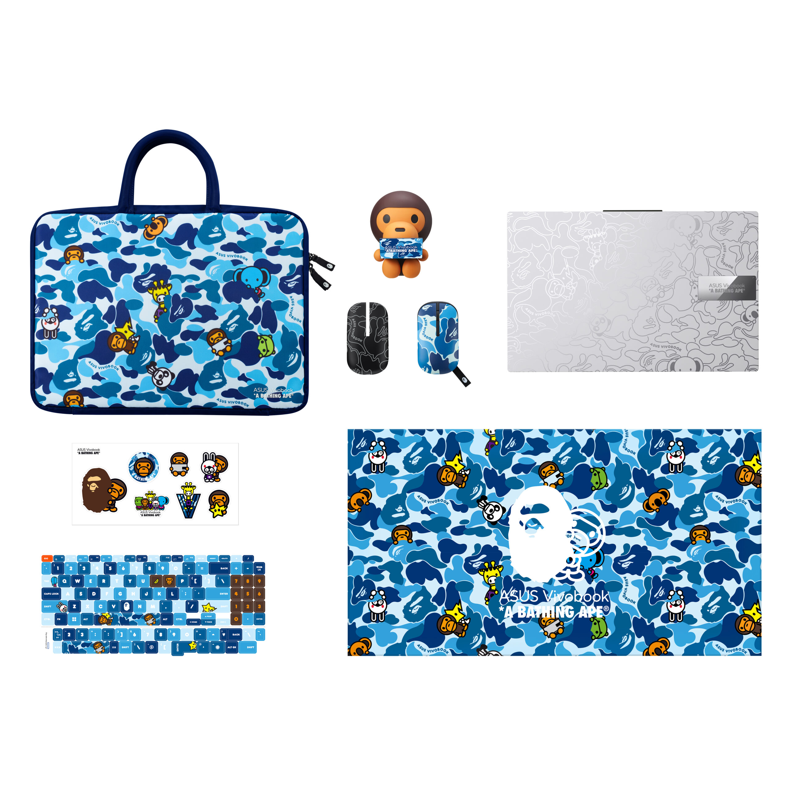 Vivobook S 15 OLED BAPE Edition Blue Camo Bundle with Silver Laptop overlooking view of silver laptops and blue camo bundle scaled