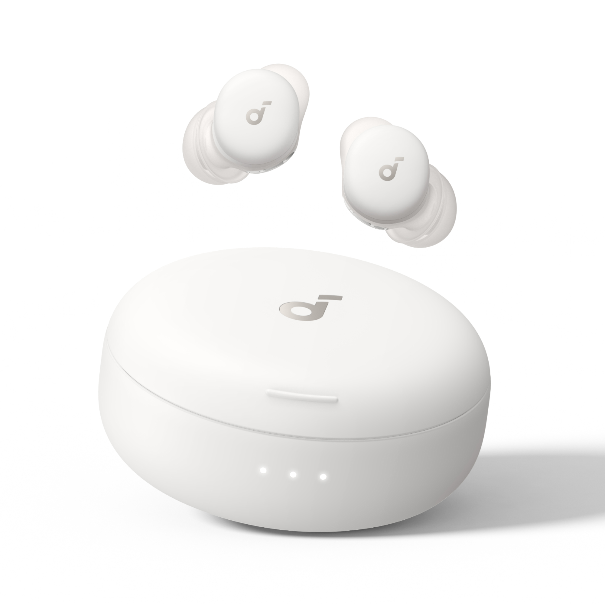 【IFA 2025】Anker 发布一系列黑科技:AI 扫拖机器人、能爬楼的吸尘器、全球首款移动家庭影院等! 15 Sleep A30 Product Photo Earbuds Above Case White