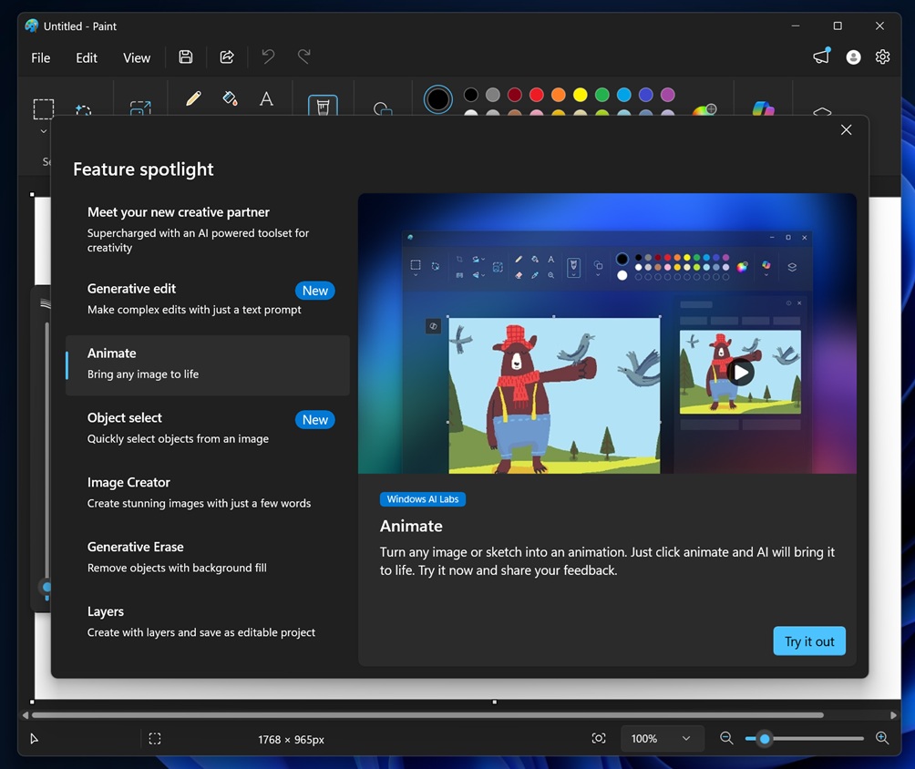 Microsoft测试中功能:Paint小画家就能AI生成动画、一句话改图 2 Microsoft测试中功能:Paint小画家就能AI生成动画、一句话改图