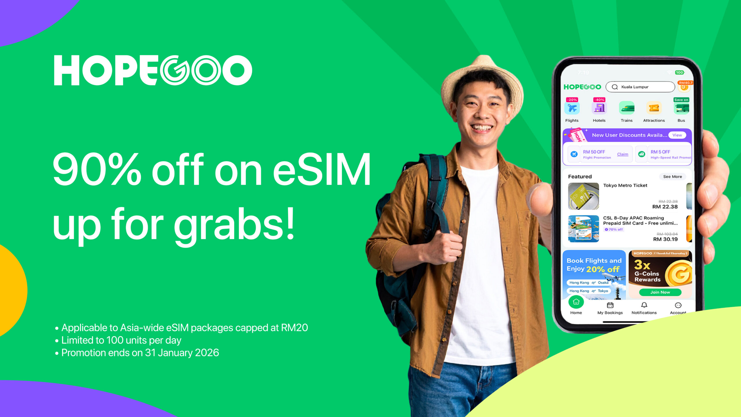 旅行安排更方便!HopeGoo一站式预定App大马上线:提供24/7一对一“管家”、行程规划安排等服务! 3 HopeGoo Malaysia Launch Hero Banner 90 Off eSIM Up For Grabs scaled