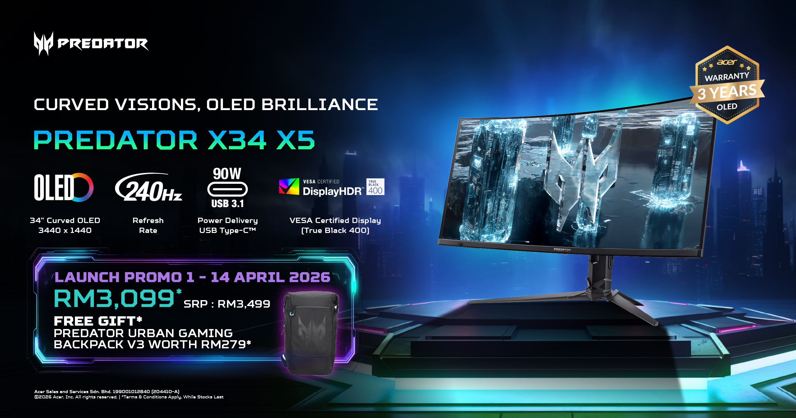 Acer电竞屏幕新品发布:500Hz超高刷新率、曲面OLED屏、Nitro也有新品!RM479起! 5 Predator X34 X5 Key Visual