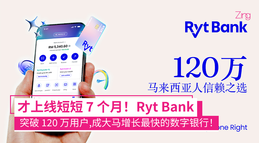 在短短七个多月内突破120万用户，Ryt Bank 成为马来西亚增长最快的数字银行