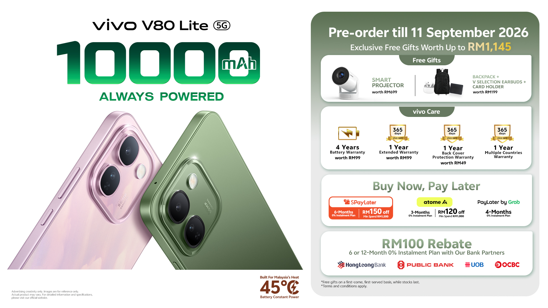 vivo V80 Lite 5G 开启预购优惠!9月11日之前下单,可获价值 RM699 投影仪、背包、无线耳机等! 8 Pre order KV
